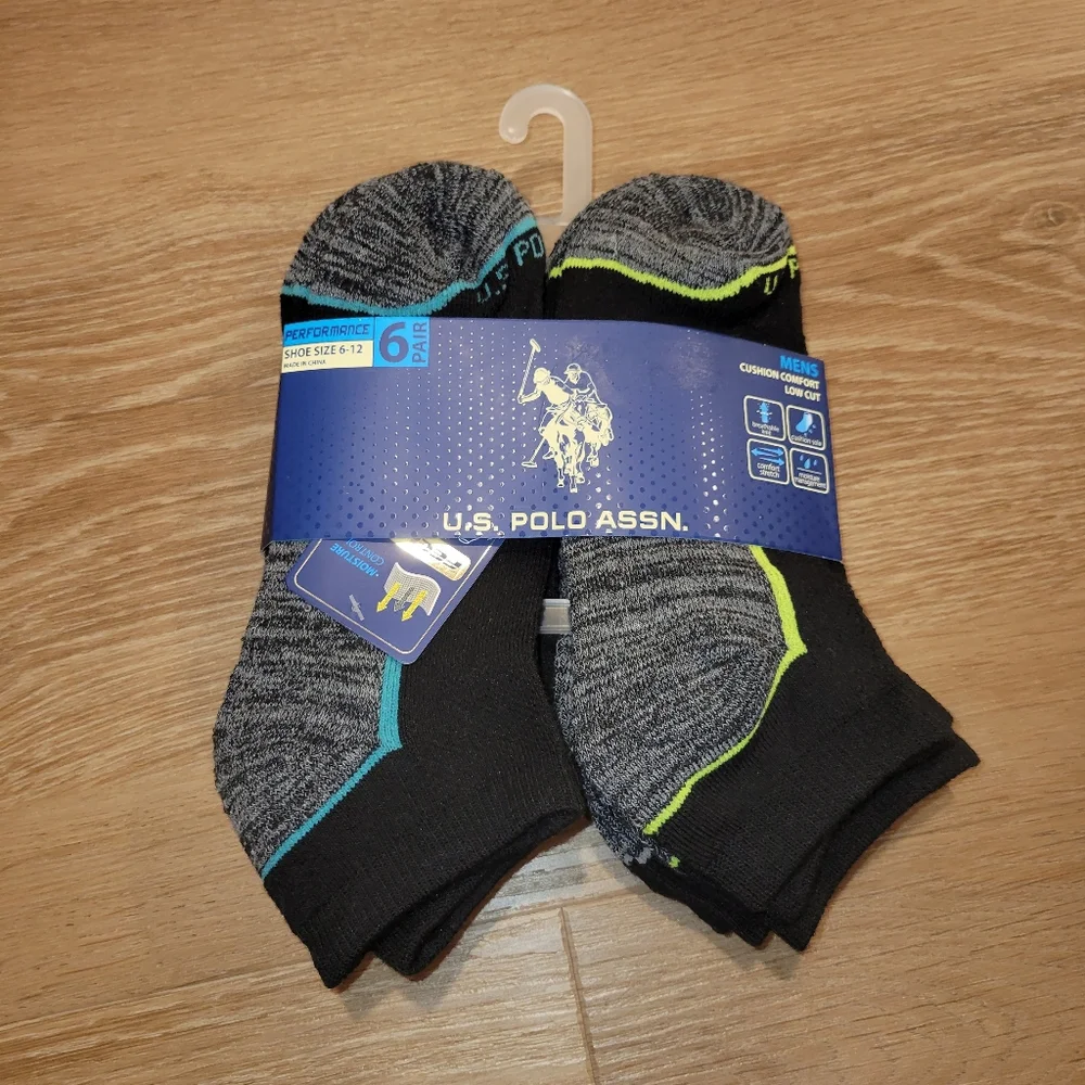 U.S. Polo Assn. Men's Size 6-12 Shoe Size Low Cut Performance Socks 6 Pack New